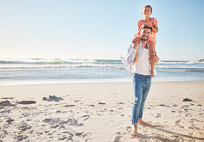 Buy stock photo Happy, love and beach with father and girl on Cancun holiday for travel, summer and wellness. Family, smile and freedom with girl on dad shoulder walking on vacation for trust, support and relax