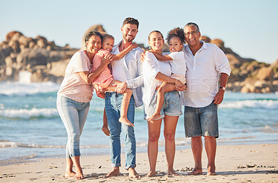 Buy stock photo Happy family, portrait and beach summer vacation with happy people bonding on ocean trip. Freedom, love and sea travel with interracial family hug, laugh and walking in nature with excited children