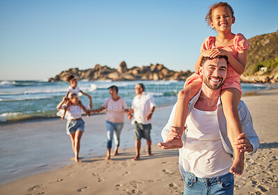 Buy stock photo Travel, beach and happy family bonding and walking along the ocean, laughing and talking in nature. Love, freedom and children looking excited with parents and grandparents on sea vacation in Mexico 