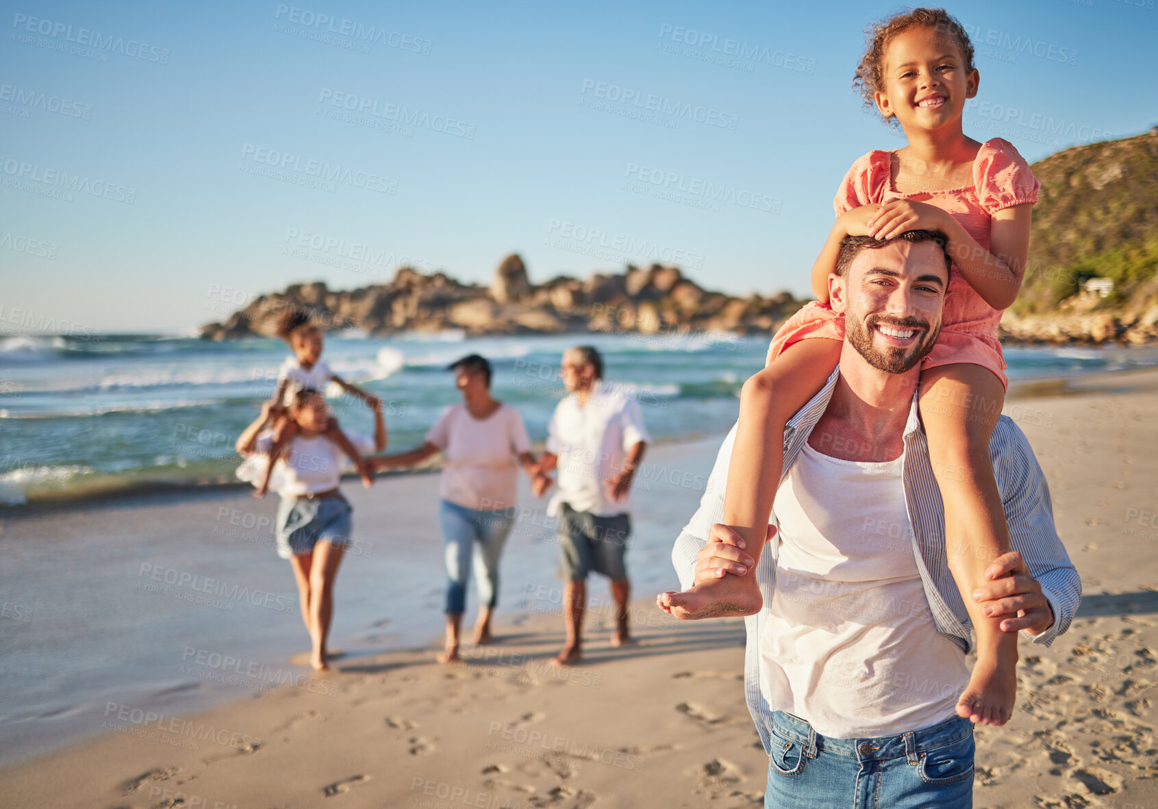 Buy stock photo Travel, beach and happy family bonding and walking along the ocean, laughing and talking in nature. Love, freedom and children looking excited with parents and grandparents on sea vacation in Mexico 