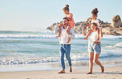 Buy stock photo Ocean, piggy back and couple with kids on a summer holiday at the beach. Love, family and fun, man and woman walking with children in sea sand. Vacation, time together and nature, happy in sunshine.