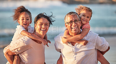 Buy stock photo Beach, grandparents and children smile for portrait of family, on holiday or vacation together. Happy, senior man and woman in retirement, on travel to ocean with kids for summer or fun trip