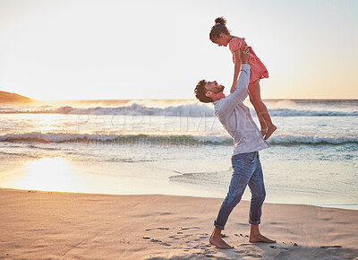 Buy stock photo Father, girl and happy at the beach during sunset while play, energy and love during summer vacation in Hawaii. Man, child and energy with mockup space and care on family travel holiday at the sea