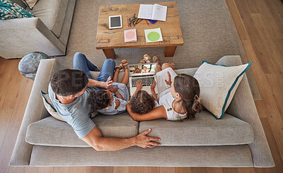 Buy stock photo Family video call, web communication and grandparents talking from vacation to children and speaking on laptop from above. Top view of parents and kids in discussion with people on pc on the sofa.