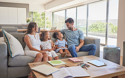 Buy stock photo Happy family, children and parents talking on a sofa, relax and bonding in a living room at home. Love, quality time and affection by interracial family enjoy the weekend and conversation in a house