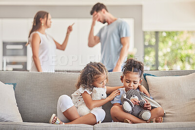 Buy stock photo Couple, fight and divorce with sad children on sofa at home holding bears for support and comfort. Family, conflict and wife in argument with husband while scared kids sit in fear, stress and anxiety