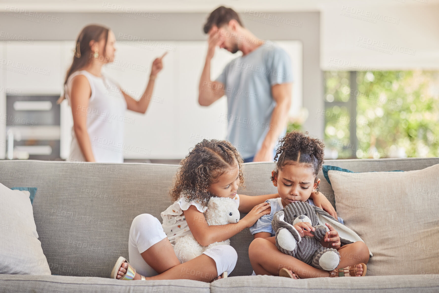 Buy stock photo Couple, fight and divorce with sad children on sofa at home holding bears for support and comfort. Family, conflict and wife in argument with husband while scared kids sit in fear, stress and anxiety