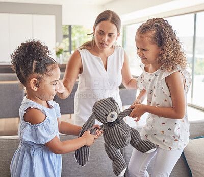 Buy stock photo Toys fight, angry children and mother confused about kids in conflict, talking about problem and family communication in house. Girl siblings upset about teddy bear with mom in home living room