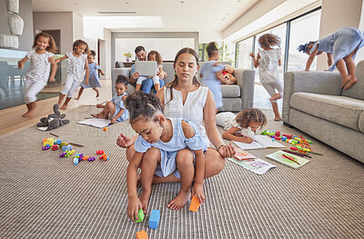 Buy stock photo Meditation, calm and excited family children with high energy, have fun and running in living room. Multitasking relax dad, crazy kids playing and yoga mom meditate for peace, zen or mindset wellness