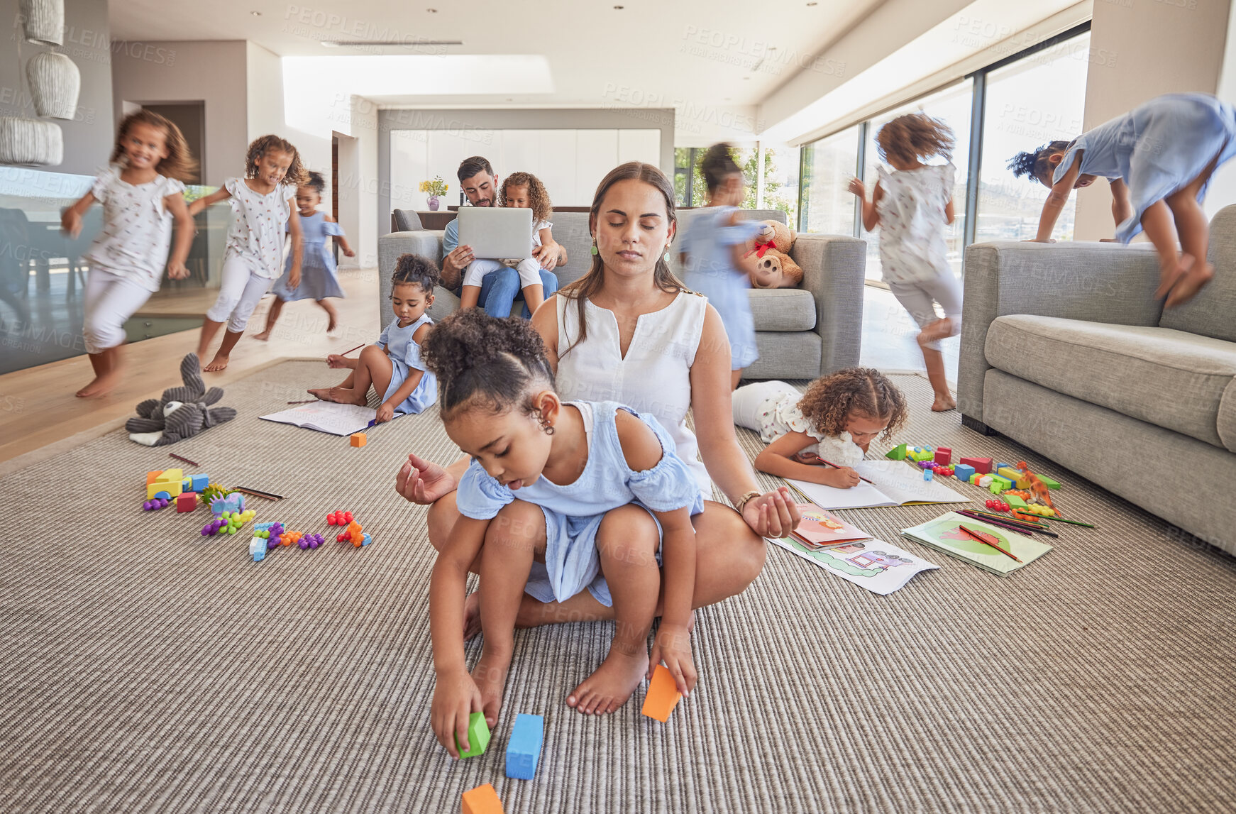 Buy stock photo Meditation, calm and excited family children with high energy, have fun and running in living room. Multitasking relax dad, crazy kids playing and yoga mom meditate for peace, zen or mindset wellness