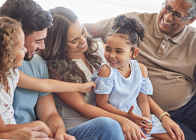 Buy stock photo Big family, happy and smile of children, mother and grandparents on a home sofa. Happiness of positive kids, woman and man relax spending quality time together on a house lounge couch smiling