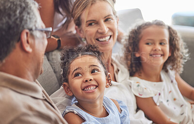 Buy stock photo Happy, smile and family relax on living room couch and talking, conversation and doing a catch up. Love, diverse grandparents and grandchildren bonding, fun and quality time in family home together. 