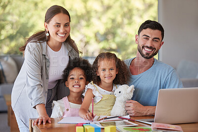 Buy stock photo Family, children and education with kids learning at home with their mother and father for growth and development. Study, learn and school with a girl, her sister and parents in their house together
