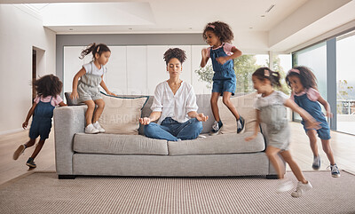 Buy stock photo Meditation, yoga mom and children running, energy and hyperactive with adhd with mother doing stress free exercise on sofa in brazil home. Playing, distracted and energetic kids with zen woman
