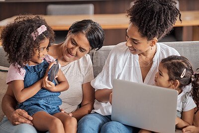 Buy stock photo Women, children and sofa with laptop, phone and girl to play games, education or learning online. Mom, grandma and female kids in living room, smartphone and computer for fun, video or class on web
