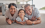 Relax, happy and grandparents with girl in living room with family from Indonesia for lifestyle, love and retirement. Care, smile and portrait of elderly man and old woman with child at home together