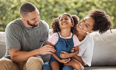 Buy stock photo Love, relax and happy family laugh on sofa together for leisure in Mexico with caring parents. Mexican mother and father enjoy tickling game on couch with young daughter for bonding fun.  


