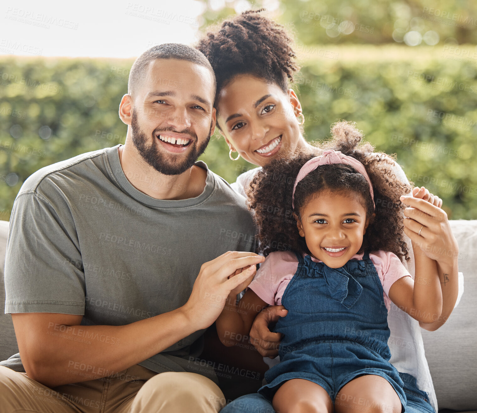 Buy stock photo Family, children and love with a girl, mother and father outside in the summer sunshine to relax in the garden together. Kids, parents and affection with a man, woman and daughter in the backyard