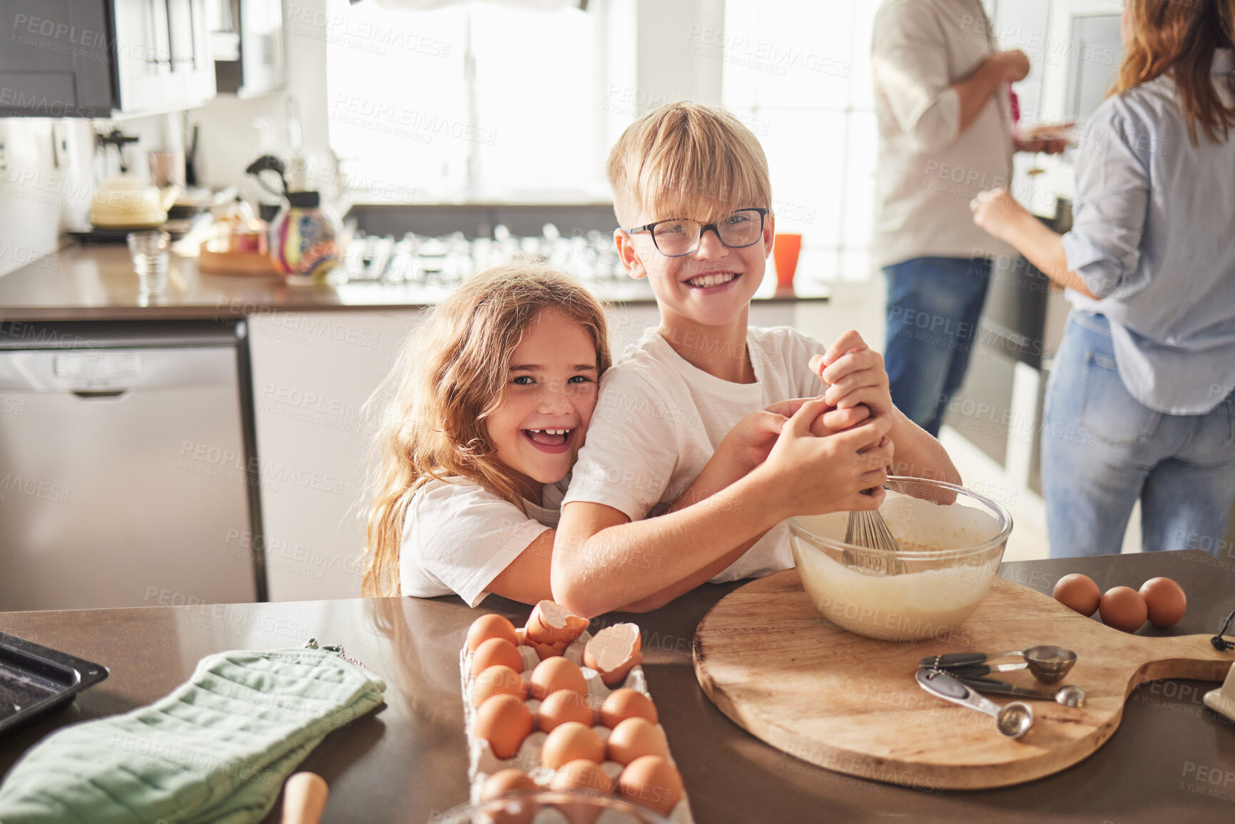 Buy stock photo Children cooking breakfast in a kitchen kitchen with a smile for learning, child development and wellness. Bake, food product and happy kids having fun baking while on holiday in their family home