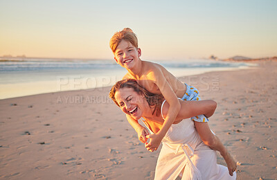 Buy stock photo Mother, child and piggy back on beach on summer holiday walking in sea sand. Woman from Australia with son at the ocean. Mom, happy kid and sunset, family time with water, freedom and fun on vacation