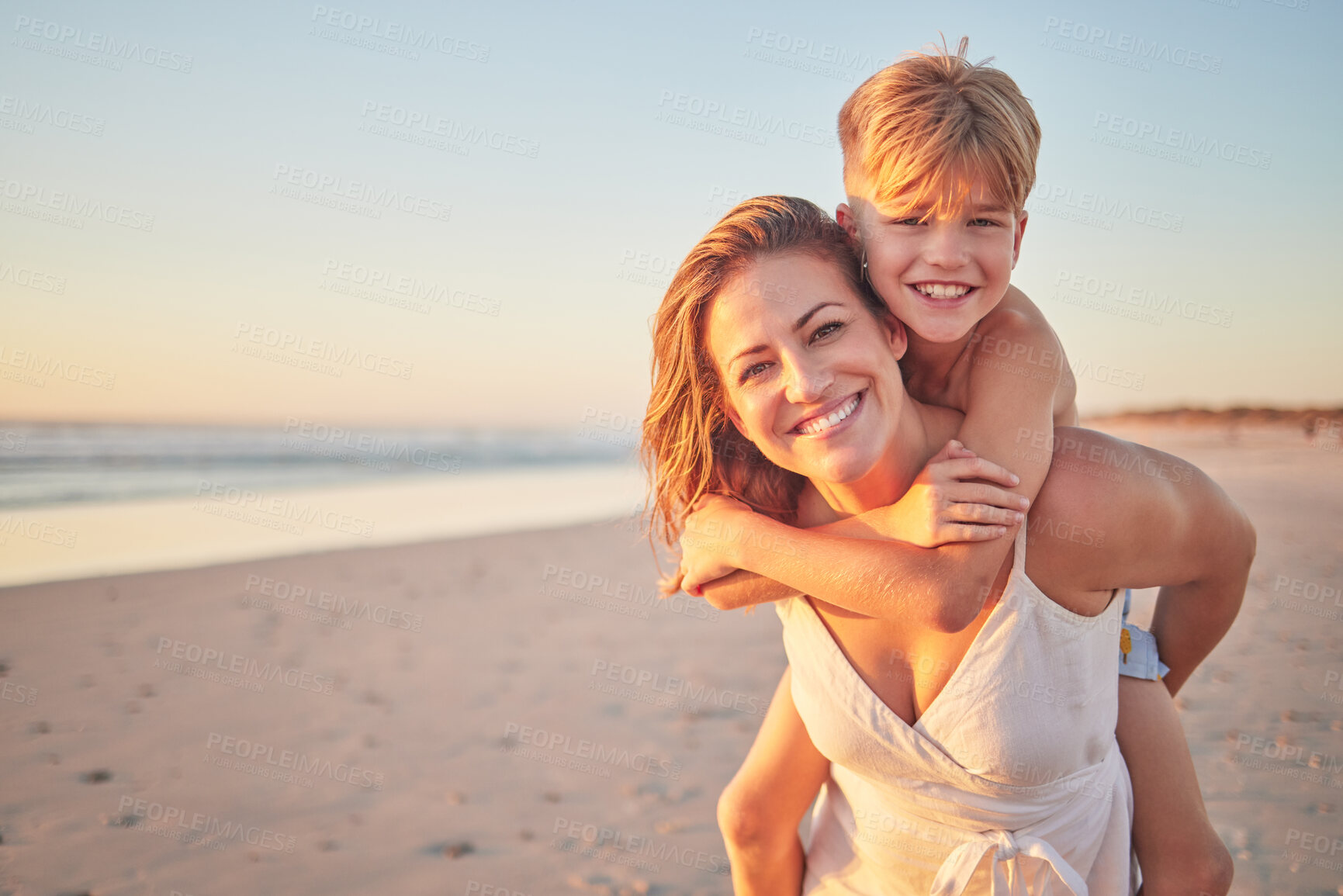 Buy stock photo Mom, piggyback kids and portrait at beach holiday, summer vacation and ocean relax together for fun, freedom and quality time in Australia. Happy mothers day, excited boy children and sunshine sea