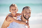 Father, girl or bonding in fun beach game by Mexico ocean or sea for summer family holiday. Portrait, smile and happy man or parent carrying daughter, kid or child playing in nature water environment