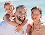 Parents, child and smile at beach in portrait of family together on vacation. Mom, dad and girl by the sea, love and happiness with ocean horizon backdrop while on holiday or travel to Los Angeles