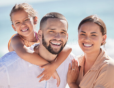 Buy stock photo Parents, child and smile at beach in family portrait together on vacation in summer. Mom, dad and girl happy by the sea, love and happiness at ocean while on holiday or travel to California