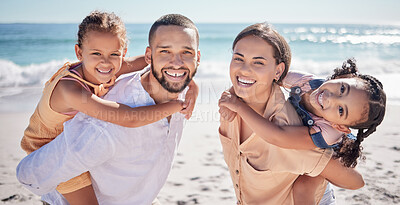 Buy stock photo Bali beach, happy family and summer vacation together enjoy sea holiday fun, joy and happiness. Love, excited and young people of father, mother and girl kids or children smile on Hawaii ocean sand