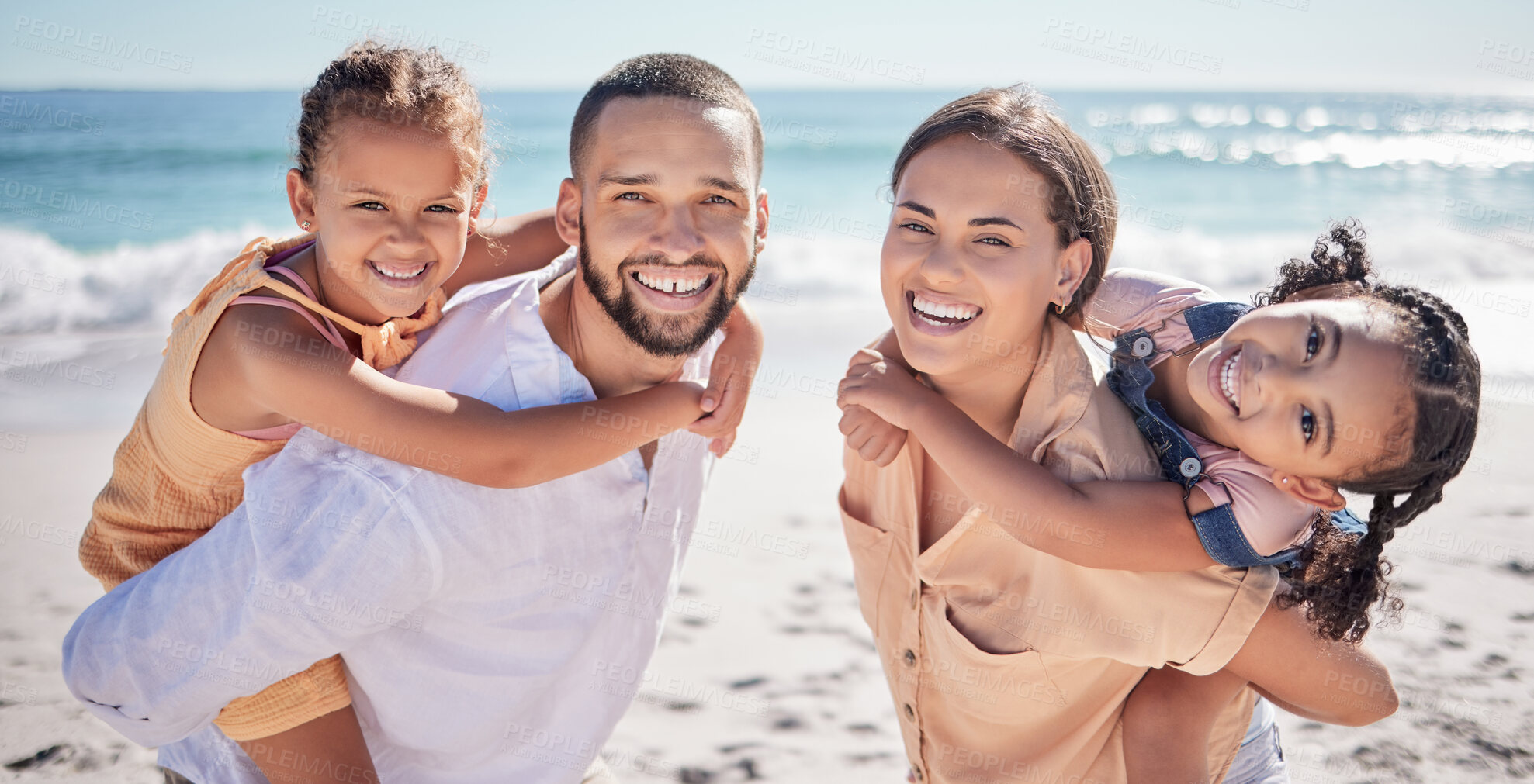 Buy stock photo Bali beach, happy family and summer vacation together enjoy sea holiday fun, joy and happiness. Love, excited and young people of father, mother and girl kids or children smile on Hawaii ocean sand