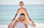 Man, bonding and girl in fun beach game on parent shoulders by Spain ocean or sea on summer family holiday. Portrait, smile and happy father carrying daughter, play kid or child in nature environment
