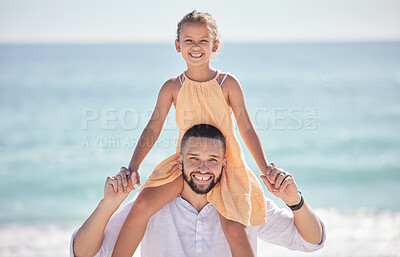 Buy stock photo Man, bonding and girl in fun beach game on parent shoulders by Spain ocean or sea on summer family holiday. Portrait, smile and happy father carrying daughter, play kid or child in nature environment