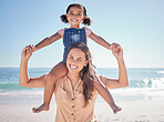 Beach portrait, girl smile and mother by the sea for travel holiday in Spain during summer together. Portrait of mom and child on vacation by the ocean with love and happy in the sun in nature