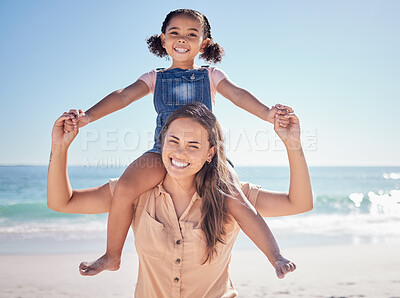 Buy stock photo Beach portrait, girl smile and mother by the sea for travel holiday in Spain during summer together. Portrait of mom and child on vacation by the ocean with love and happy in the sun in nature