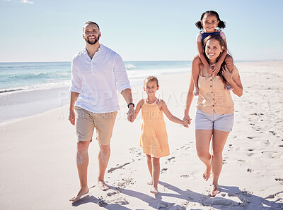Buy stock photo Happy family, beach and holding hands on Hawaii summer vacation holiday for fun, joy and happiness together. Mother, dad and girl children happy, enjoy and excited walking on Bali sea or ocean sand