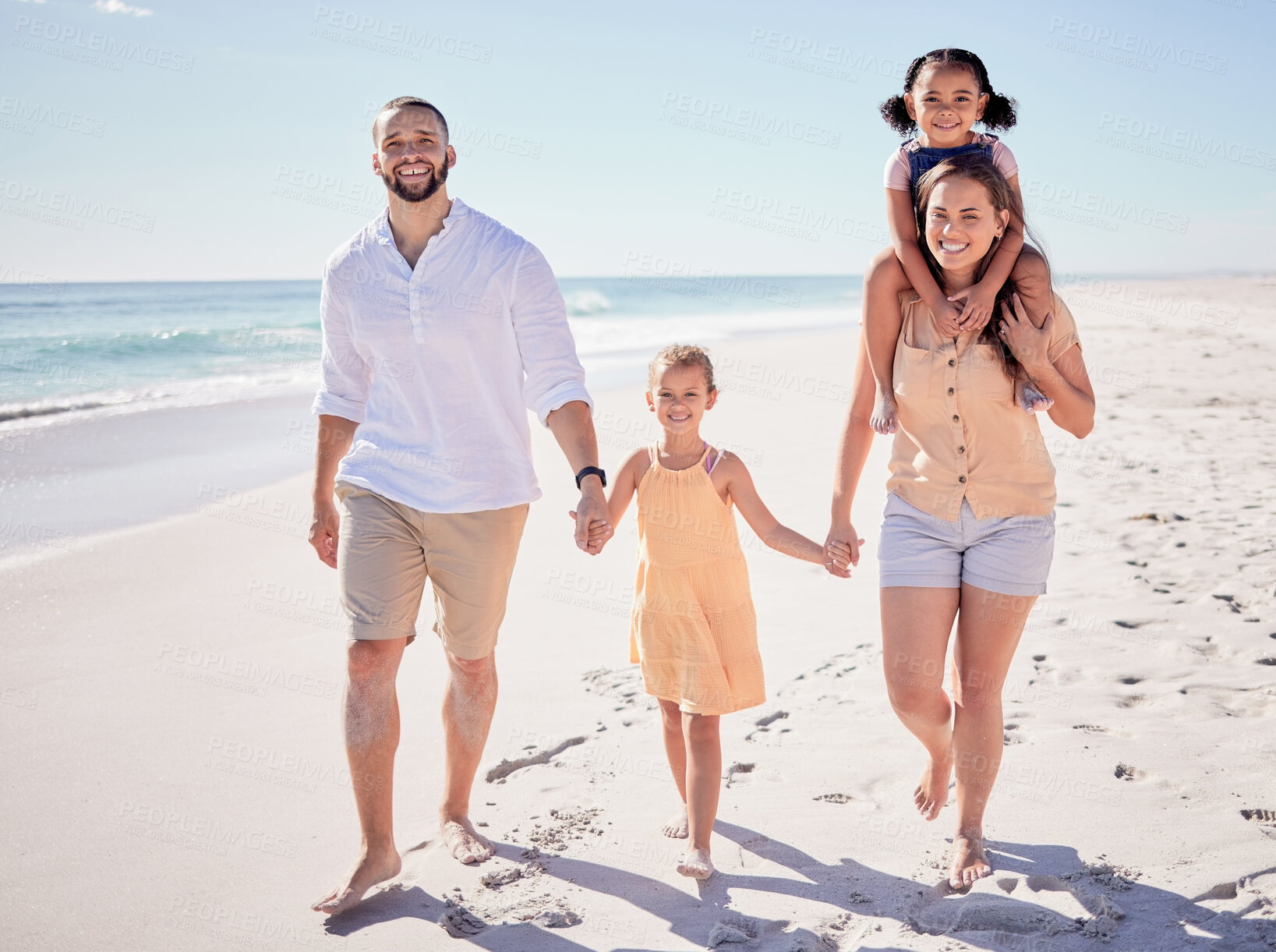 Buy stock photo Happy family, beach and holding hands on Hawaii summer vacation holiday for fun, joy and happiness together. Mother, dad and girl children happy, enjoy and excited walking on Bali sea or ocean sand