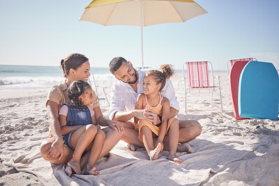 Buy stock photo Happy family, beach vacation and travel with children and caring parents bonding and having fun, traveling for summer holiday in maldives. Man, woman and girl kids or sisters happy on tropical trip

