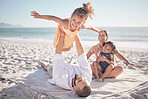 Happy family, travel and beach holiday with children and parents playing in sand together. Love, nature and mother and father bonding with playful girls on an ocean trip, relax outdoor on vacation
