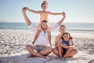 Buy stock photo Family, parents and children bonding on beach in fun, play and happy picnic by sea or ocean in Colombia. Portrait, smile and relax man and woman with girls, kids and security trust on summer holiday