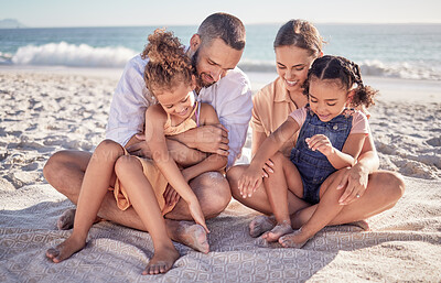 Buy stock photo Family, ocean and kids with parents on blanket in sand on summer holiday. Mom, dad and children relax at beach picnic in Mexico. Freedom, fun and vacation, happy man and woman with girls at the sea.