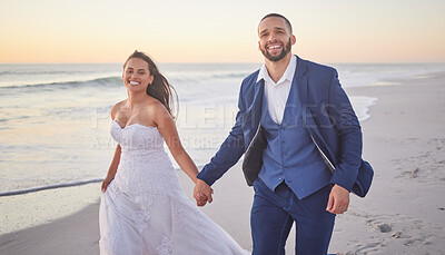 Buy stock photo Bride, groom and couple celebrate wedding on the beach during sunset on honeymoon vacation. Man, woman and marriage celebration with summer travel holiday as husband and wife at the ocean in hawaii 