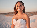Portrait of a bride on beach at sunset, happy and relax in outdoor nature. Freedom, elegance and wedding celebration by just married woman enjoying walk after marriage ceremony, smiling and cheerful
