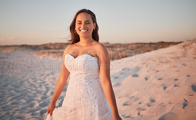 Buy stock photo Beach, wedding and portrait of a happy bride standing outdoor in nature at a marriage ceremony. Romantic, sunset and beautiful married woman with a smile by the ocean or seaside in puerto rico. 
