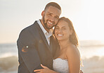 Love, couple and wedding portrait of bride and groom hug and bonding at beach, happy and cheerful. Freedom, romance and just married couple excited for ocean trip and honeymoon, celebrating marriage