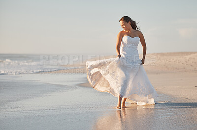Buy stock photo Bride walking on beach sand in wedding dress, summer event and tropical sunshine location outdoors. Happy, smile and luxury beauty woman celebrate love, marriage celebration and freedom by ocean sea