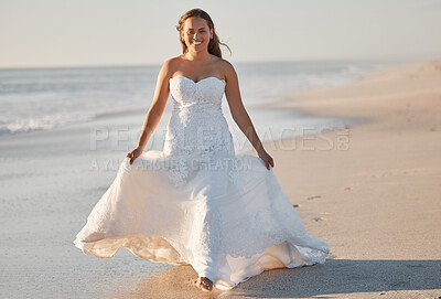 Buy stock photo Beach, wedding and portrait of a bride walking along the sea, happy and relax in classic wedding dress. Freedom, celebration and just married girl enjoying nature and ocean while looking cheerful