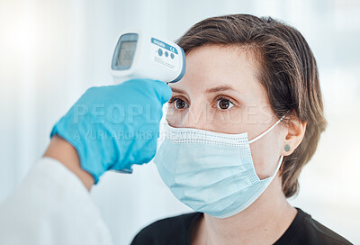 Buy stock photo Covid, thermometer and doctor scan fever temperature of woman with mask consulting in hospital. Female patient test for healthcare, safety and protection against coronavirus, illness and virus. 