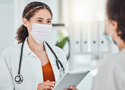 Buy stock photo Covid, vaccine and tablet with a doctor talking to a patient in a hospital during an appointment or schedule for a booster shot. Trust, consulting and insurance with a health professional in a clinic