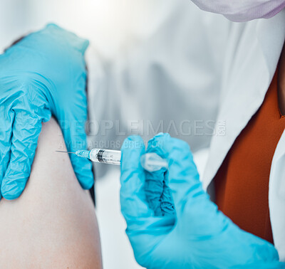 Buy stock photo Medicine, healthcare and doctor doing a covid vaccine on a patient at hospital during pandemic. Closeup hands of a medical professional with gloves doing an antibody injection with syringe at clinic.