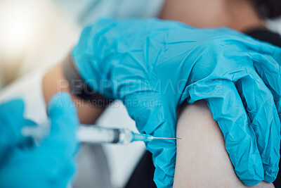 Buy stock photo Vaccine, covid and healthcare with a doctor and patient in the hospital for an injection, treatment or cure. Hands, needle and syringe with a health professional injecting medicine into an arm